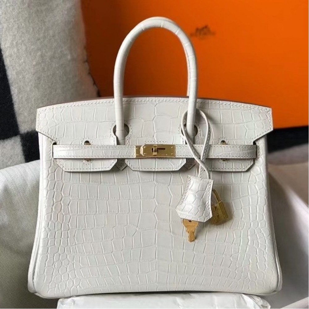 Hermes Birkin 25cm Bag In White Embossed Crocodile Leather LDBS241541