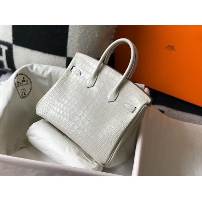 Hermes Birkin 25cm Bag In White Embossed Crocodile Leather LDBS241541