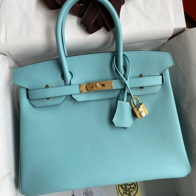 Hermes Birkin 30 Retourne Handmade Bag In Blue Atoll Epsom Calfskin LDBS241639