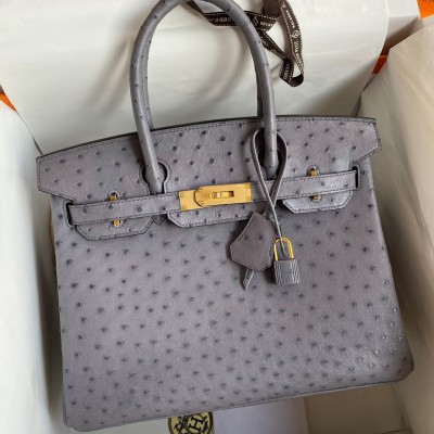 Hermes Birkin 30 Retourne Handmade Bag In Gris Agate Ostrich Leather LDBS241652