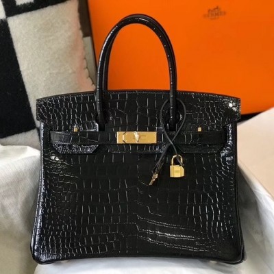 Hermes Birkin 30cm Bag In Black Embossed Crocodile Leather LDBS241614