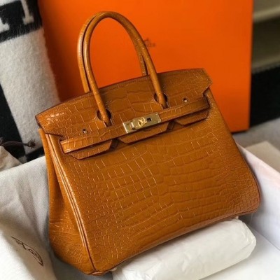 Hermes Birkin 30cm Bag In Gold Embossed Crocodile Leather LDBS241618