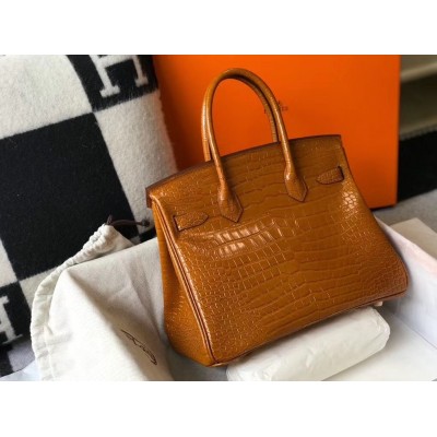 Hermes Birkin 30cm Bag In Gold Embossed Crocodile Leather LDBS241618