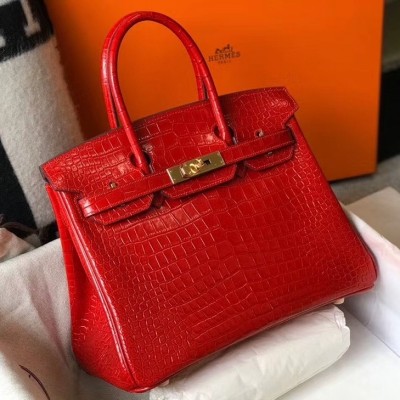 Hermes Birkin 30cm Bag In Red Embossed Crocodile Leather LDBS241622