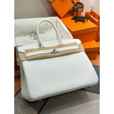 Hermes Birkin 35 Retourne Handmade Bag In White Clemence Leather LDBS241691