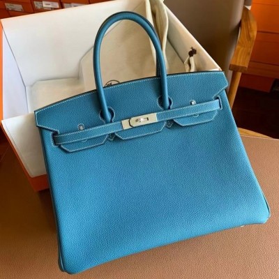 Hermes Birkin 35 Retourne Handmade Bag in Blue Jean Clemence Leather LDBS241679