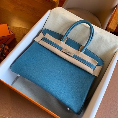 Hermes Birkin 35 Retourne Handmade Bag in Blue Jean Clemence Leather LDBS241679