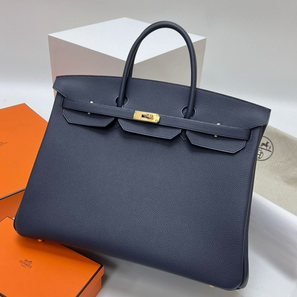 Hermes Birkin 40 Retourne Handmade Bag In Blue Nuit Clemence Leather LDBS241693