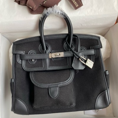 Hermes Birkin Cargo 25 Bag in Black Toile and Swift Leather LDBS241695