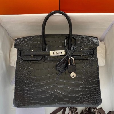 Hermes Black Birkin 25cm Matte Alligator Crocodile Skin Bag LDBS241704