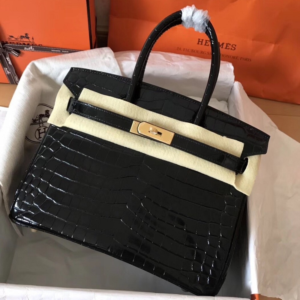 Hermes Black Birkin 30cm Crocodile Porosus Shiny Bag LDBS241702