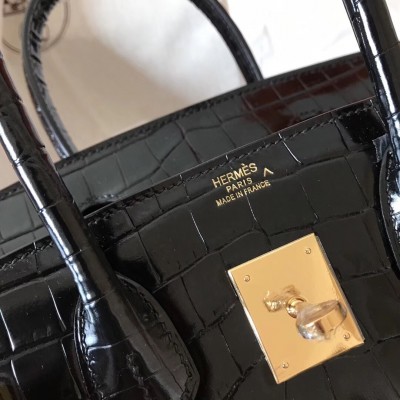 Hermes Black Birkin 30cm Crocodile Porosus Shiny Bag LDBS241702