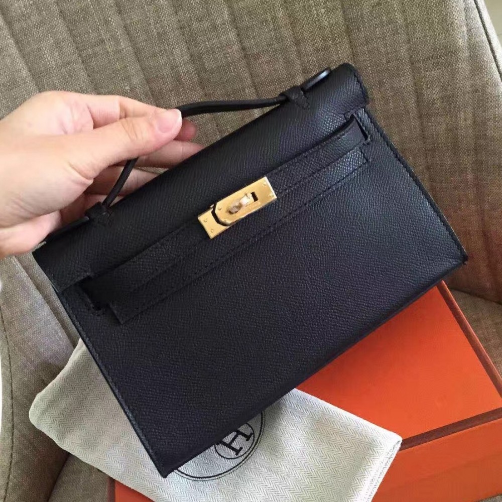 Hermes Black Kelly Pochette Epsom Handmade Bag LDBS241736