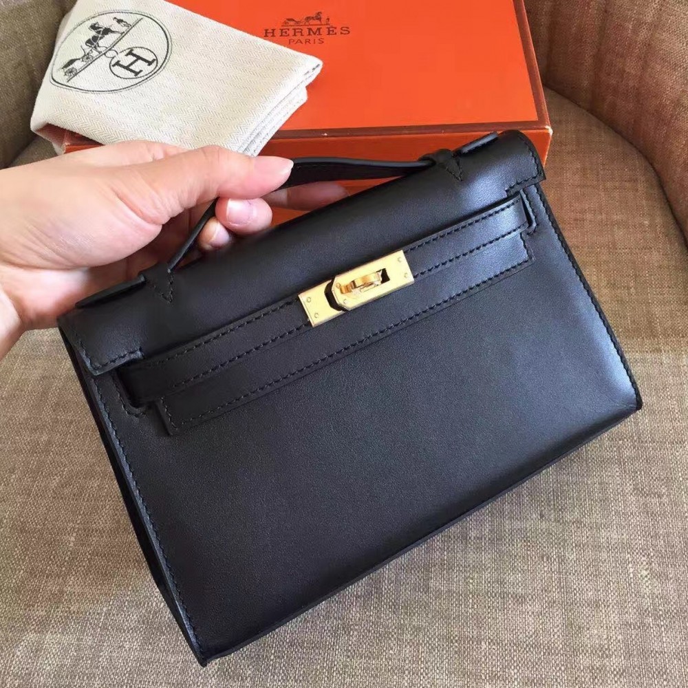 Hermes Black Kelly Pochette Swift Handmade Bag LDBS241737