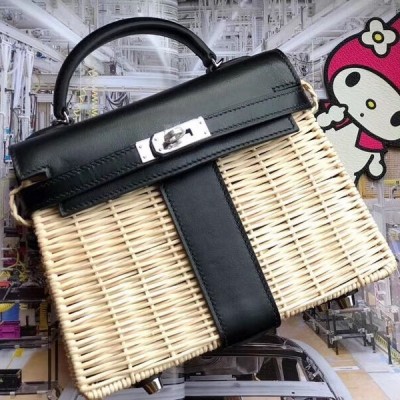 Hermes Black Picnic Kelly Mini 20cm Wicker Bag LDBS241745