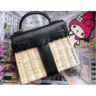 Hermes Black Picnic Kelly Mini 20cm Wicker Bag LDBS241745