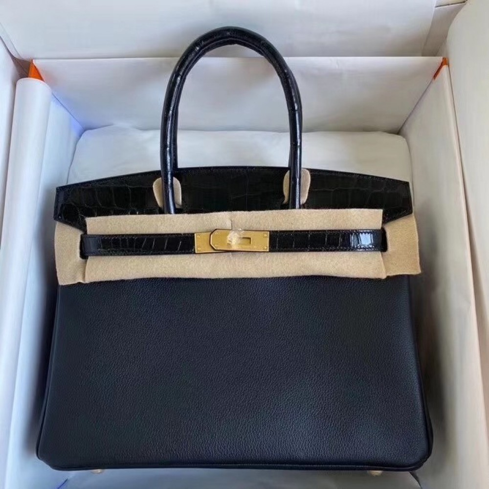 Hermes Black Touch Birkin 30cm Bag Shiny Niloticus Crocodile Skin LDBS241756