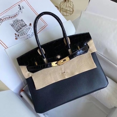 Hermes Black Touch Birkin 30cm Bag Shiny Niloticus Crocodile Skin LDBS241756