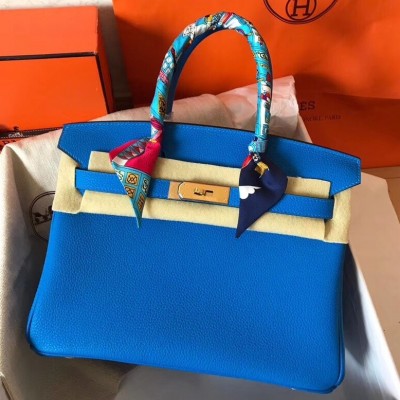 Hermes Blue Birkin 30cm Clemence Handmade Bag LDBS241766