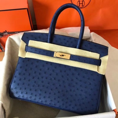 Hermes Blue Birkin 30cm Ostrich Handmade Bag LDBS241767