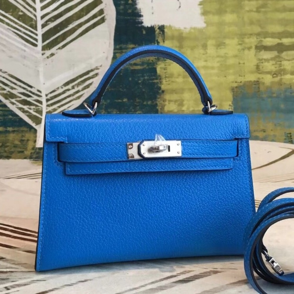 Hermes Blue Chevre Kelly Mini II Handmade Bag LDBS241768