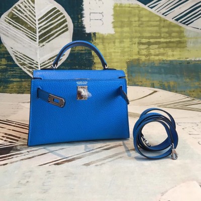 Hermes Blue Chevre Kelly Mini II Handmade Bag LDBS241768