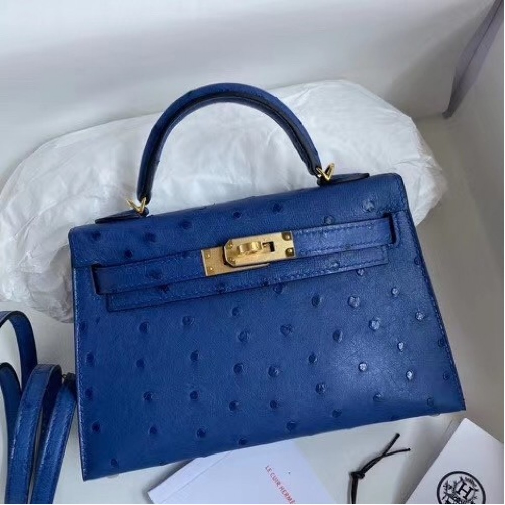 Hermes Blue Electric Ostrich Kelly Mini II Handmade Bag LDBS241787