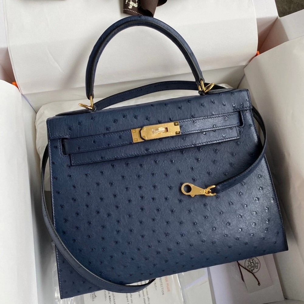 Hermes Blue Iris Ostrich Kelly 28cm Handmade Bag LDBS241795