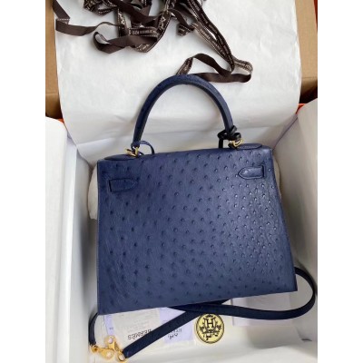 Hermes Blue Iris Ostrich Kelly 28cm Handmade Bag LDBS241795