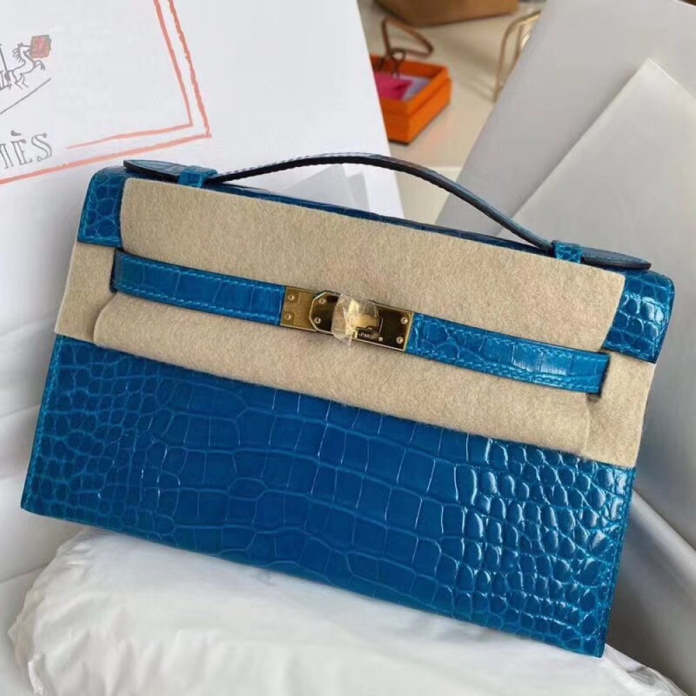 Hermes Blue Izmir Shiny Alligator Crocodile Kelly Pochette Bag LDBS241797