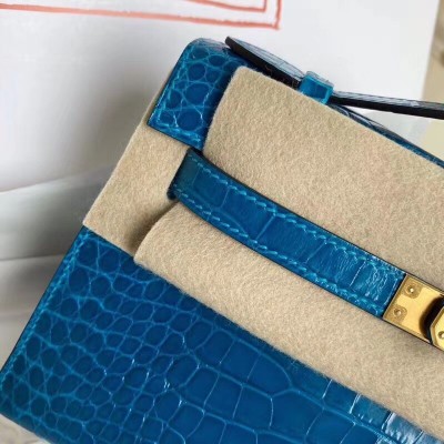 Hermes Blue Izmir Shiny Alligator Crocodile Kelly Pochette Bag LDBS241797