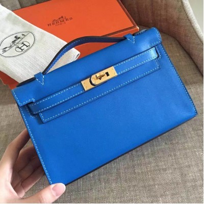 Hermes Blue Kelly Pochette Swift Handmade Bag LDBS241818