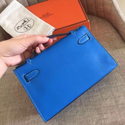 Hermes Blue Kelly Pochette Swift Handmade Bag LDBS241818