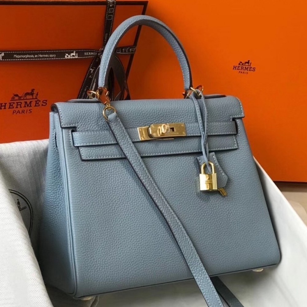 Hermes Blue Lin Clemence Kelly 25cm GHW Bag LDBS241823