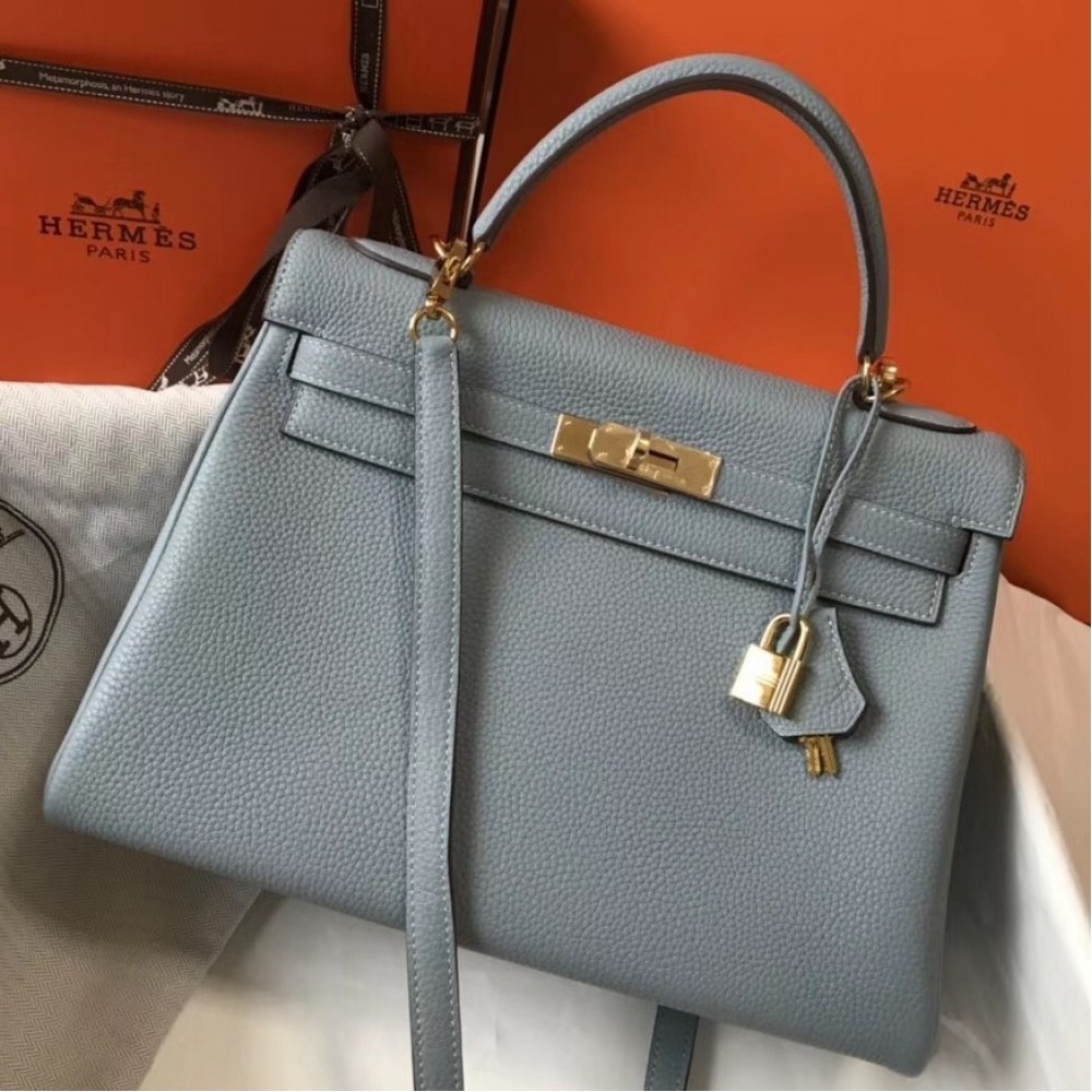 Hermes Blue Lin Clemence Kelly 32cm Retourne Bag LDBS241826