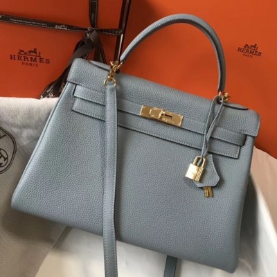 Hermes Blue Lin Clemence Kelly 32cm Retourne Bag LDBS241826