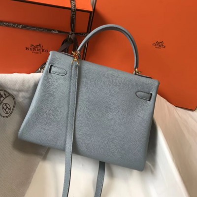 Hermes Blue Lin Clemence Kelly 32cm Retourne Bag LDBS241826