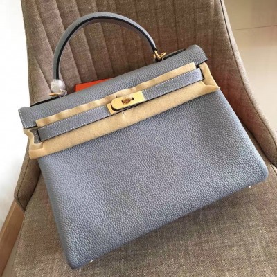 Hermes Blue Lin Clemence Kelly Retourne 32cm Handmade Bag LDBS241827