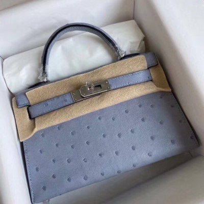 Hermes Blue Lin Ostrich Kelly Mini II Handmade Bag LDBS241833