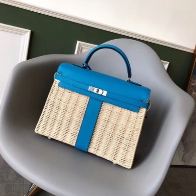 Hermes Blue Picnic Kelly 35cm Wicker Bag LDBS241744