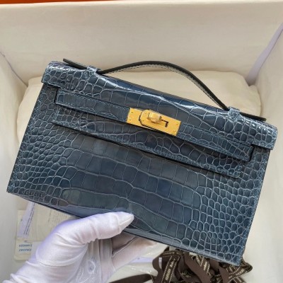 Hermes Blue Shiny Alligator Crocodile Kelly Pochette Bag LDBS241844