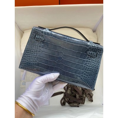 Hermes Blue Shiny Alligator Crocodile Kelly Pochette Bag LDBS241844