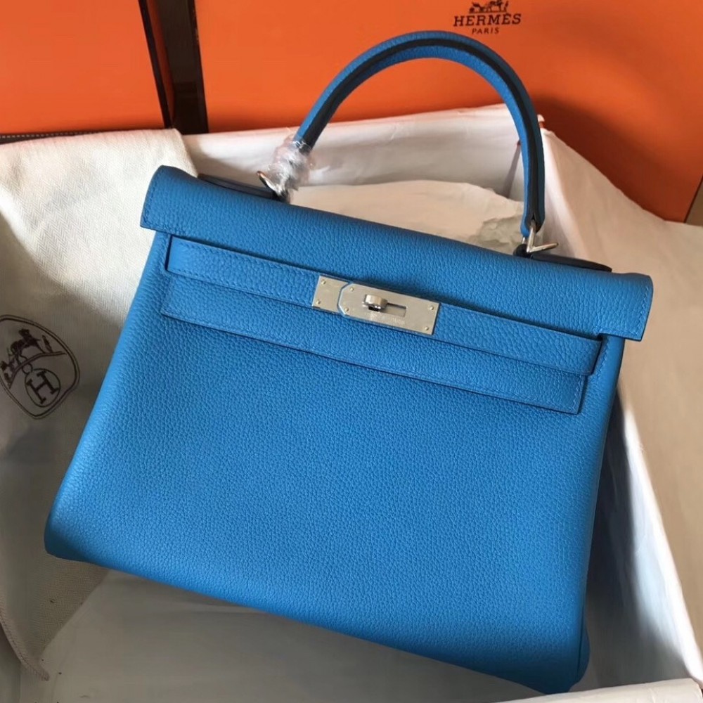 Hermes Blue Zanzibar Clemence Kelly 28cm Handmade Bag LDBS241846