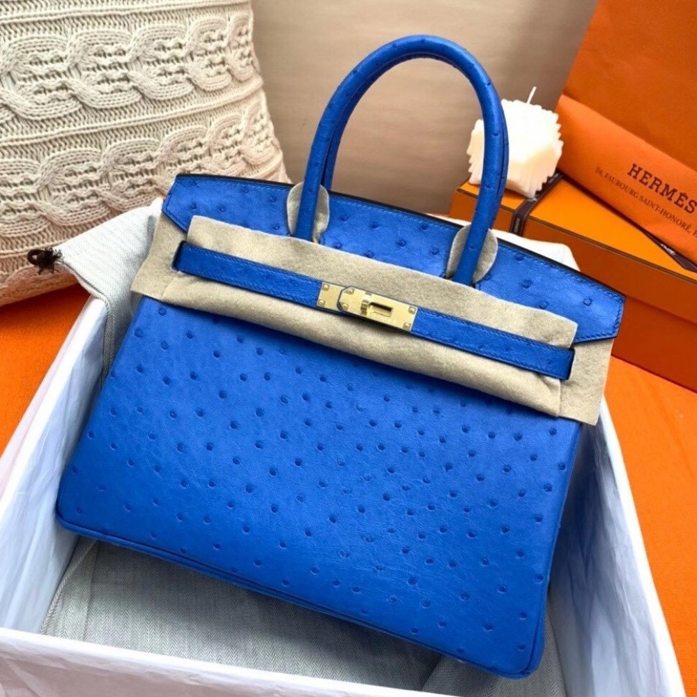 Hermes Blue Zellige Birkin 30cm Ostrich Handmade Bag LDBS241850