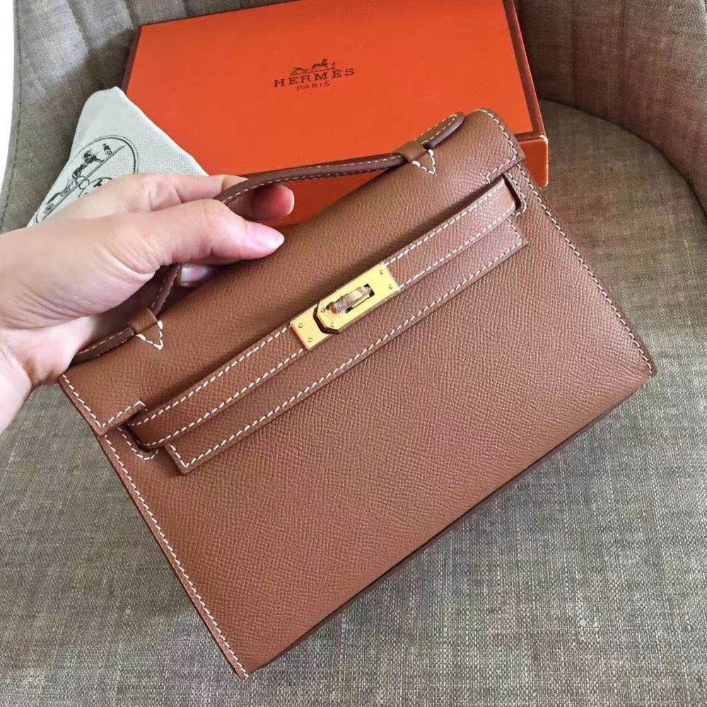 Hermes Brown Kelly Pochette Epsom Handmade Bag LDBS241903