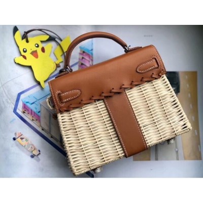 Hermes Brown Picnic Kelly Mini 20cm Wicker Bag LDBS241906