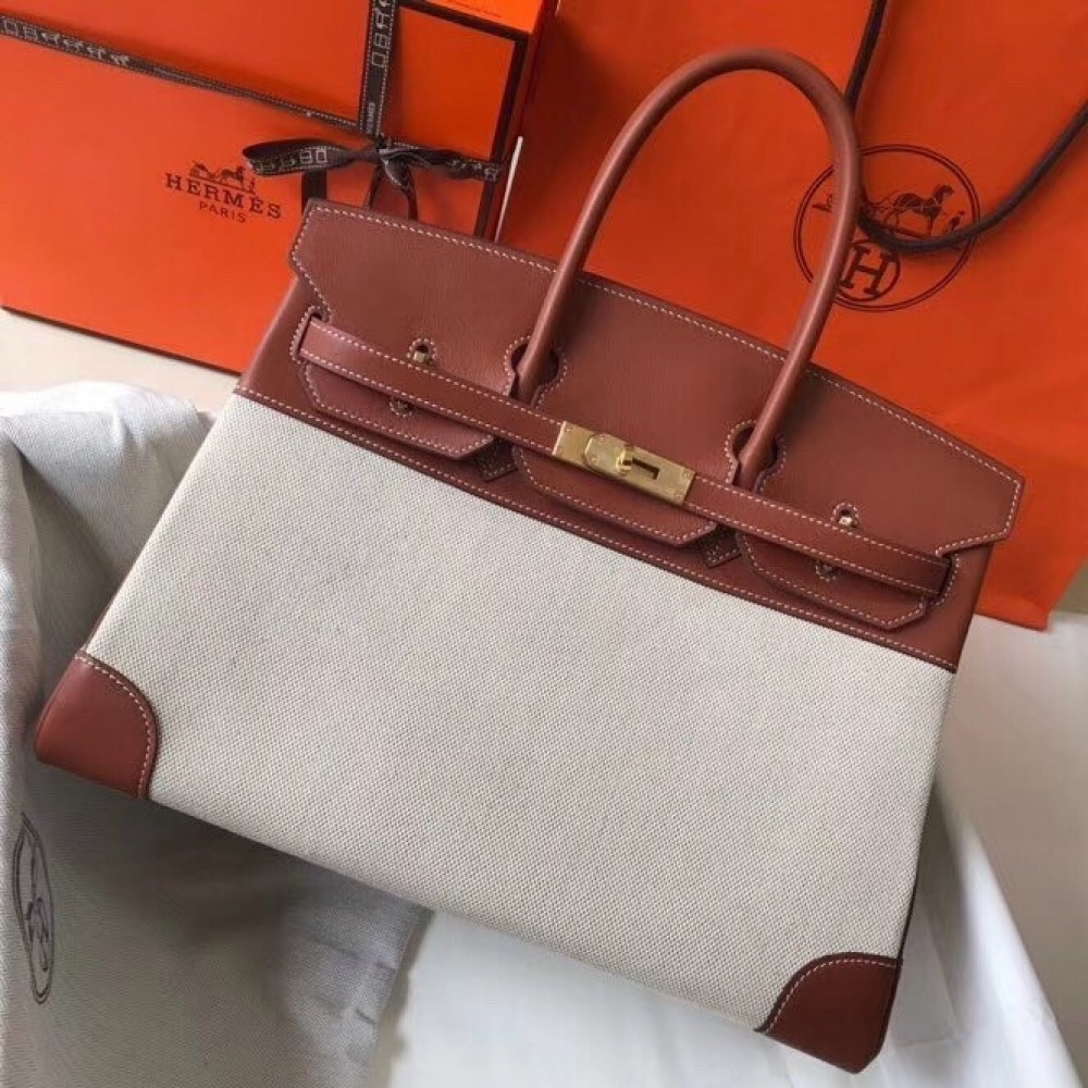 Hermes Canvas Birkin 35cm Bag With Brown Leather LDBS241925