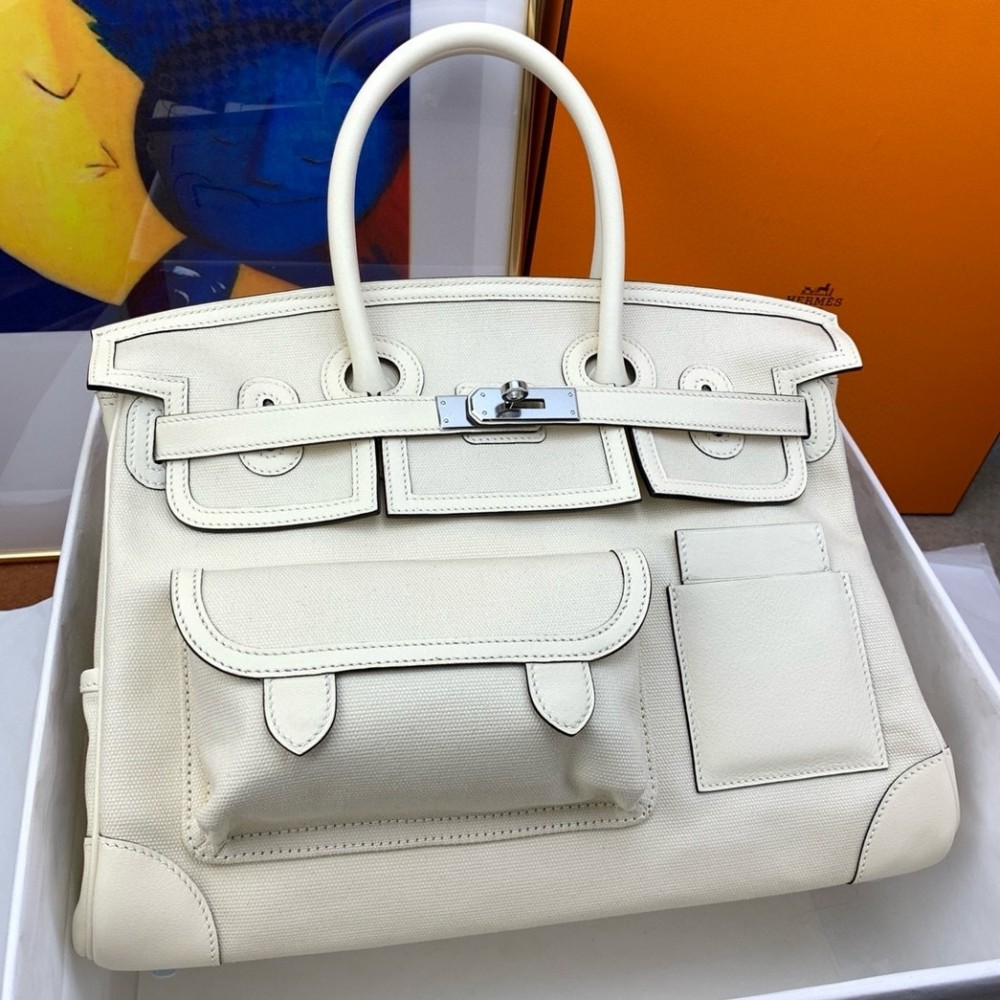 Hermes Cargo Birkin 35cm Limited-edition Bag in White Canvas LDBS241928