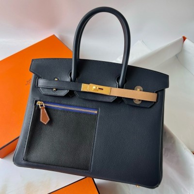 Hermes Colormatic Birkin 30 Bag in Blue Nuit, Black and Chai Swift Leather LDBS241939