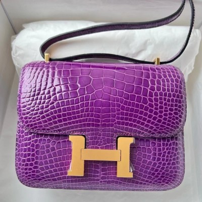 Hermes Constance 18 Handmade Bag In Purple Shiny Alligator Leather LDBS241971